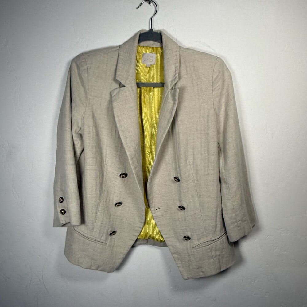 Anthropologie Pilcro Beige Linen Blend Double Breasted Notch Lapel Blazer Size 8